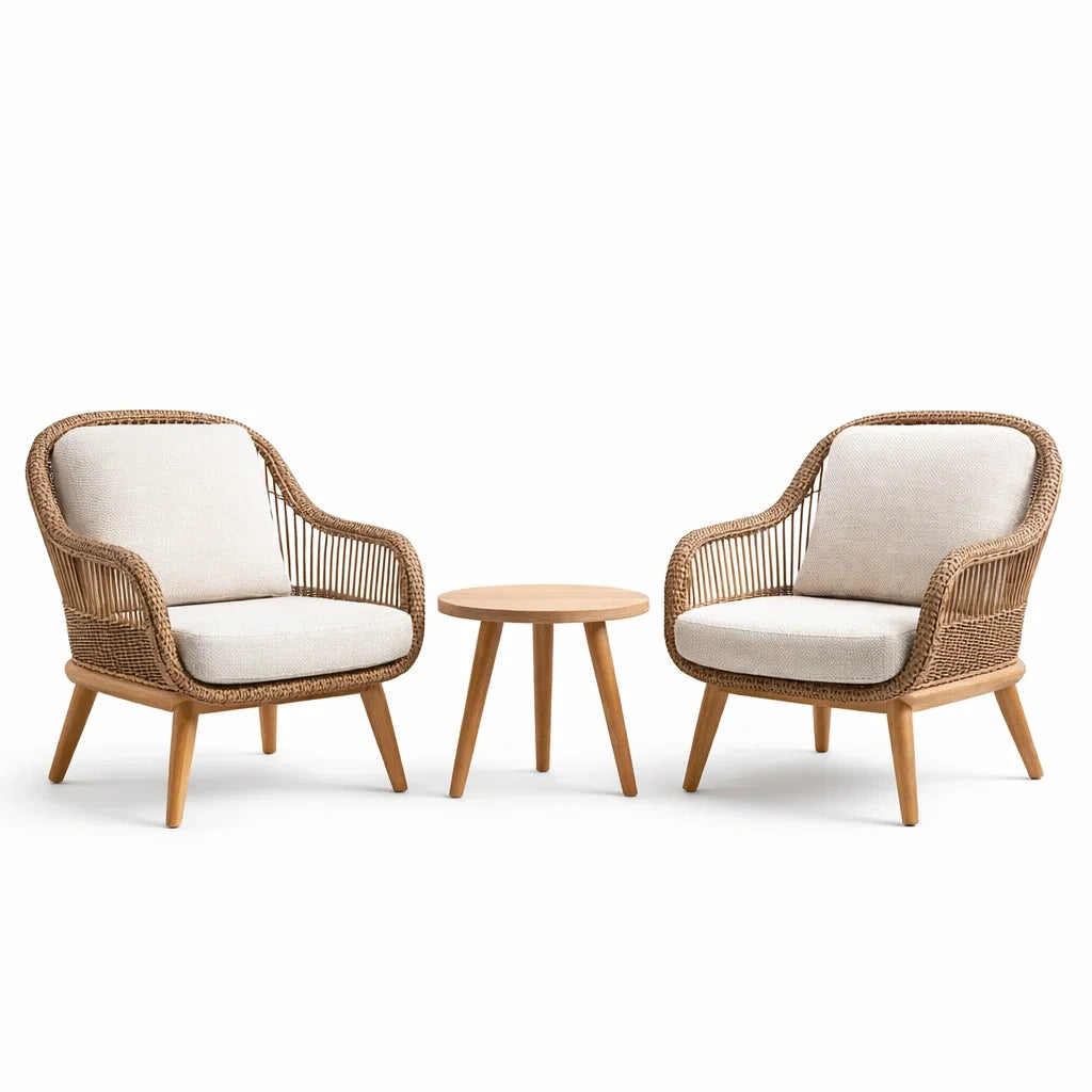 Ensemble de fauteuils en rotin avec table basse en bois