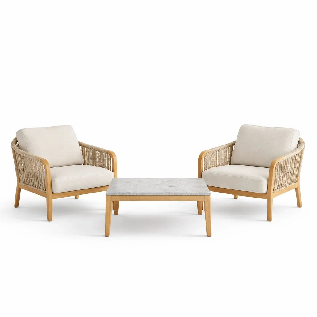 Ensemble de salon de jardin en bois avec fauteuils en tissu et table basse en pierre