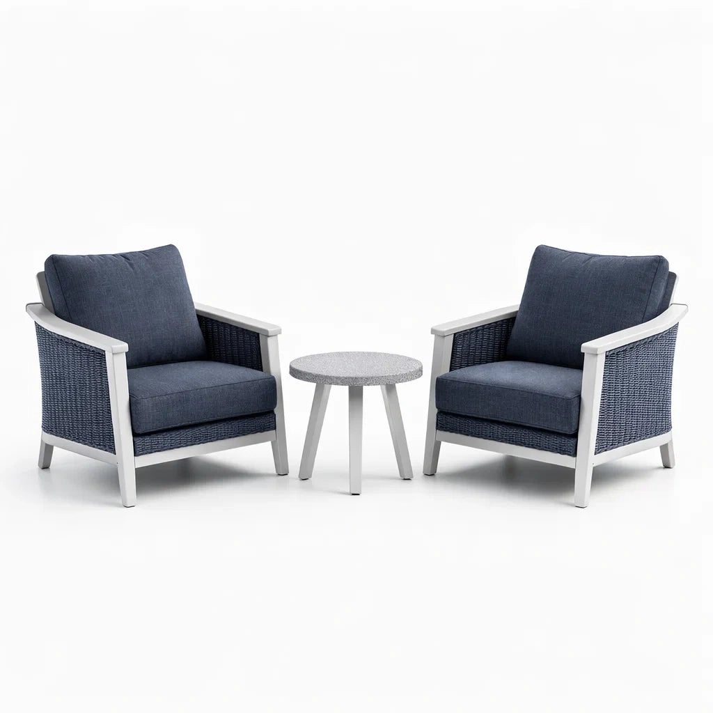 Ensemble de fauteuils et table en aluminium, bleu et gris
