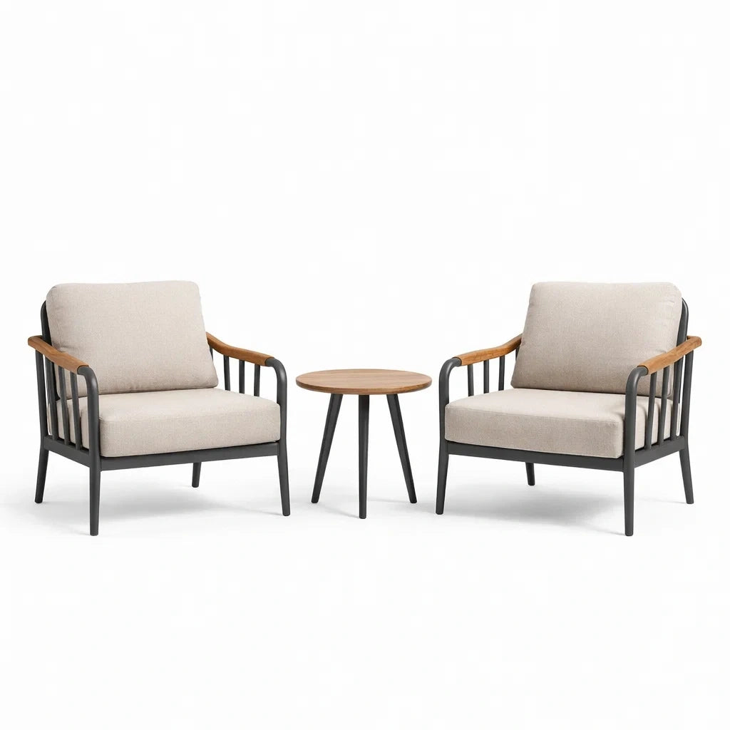 Ensemble de salon extérieur en aluminium et bois d'acacia, coussins beige