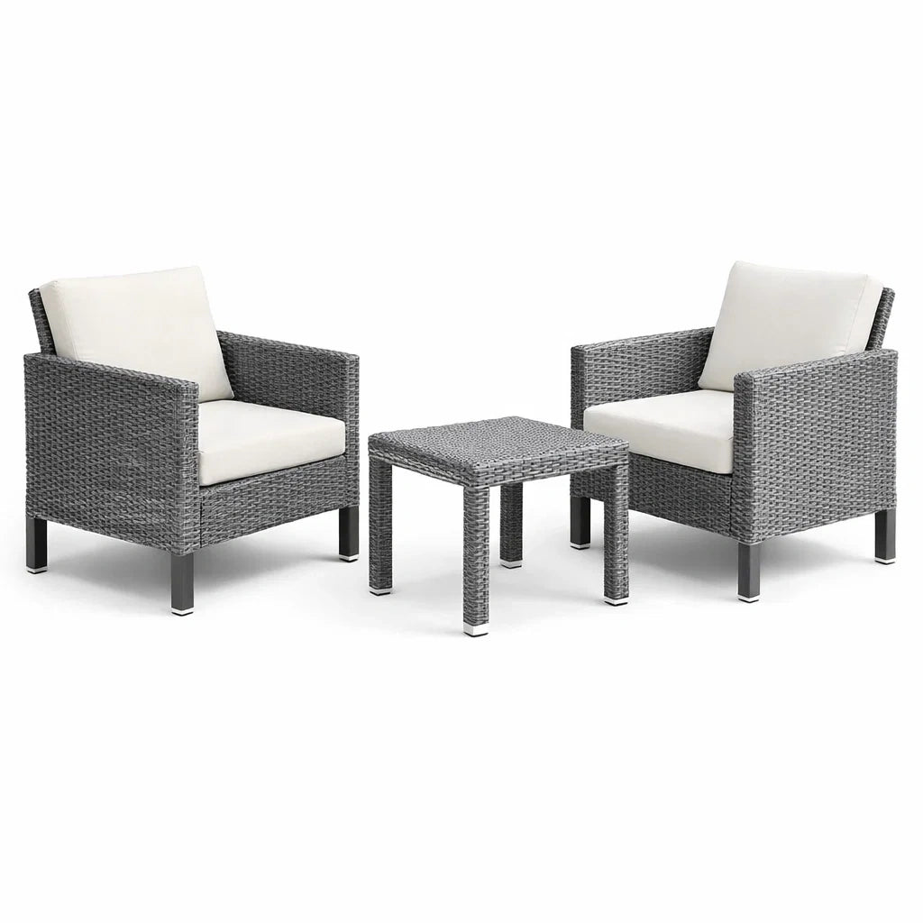 Ensemble de jardin en rotin synthétique gris avec coussins beiges - 2 fauteuils et table basse