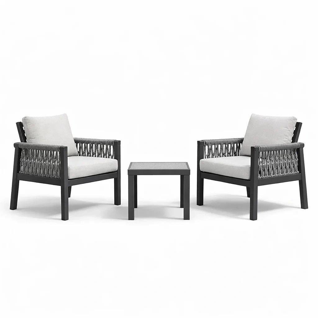 Ensemble de jardin en aluminium 2 fauteuils avec coussins gris et table