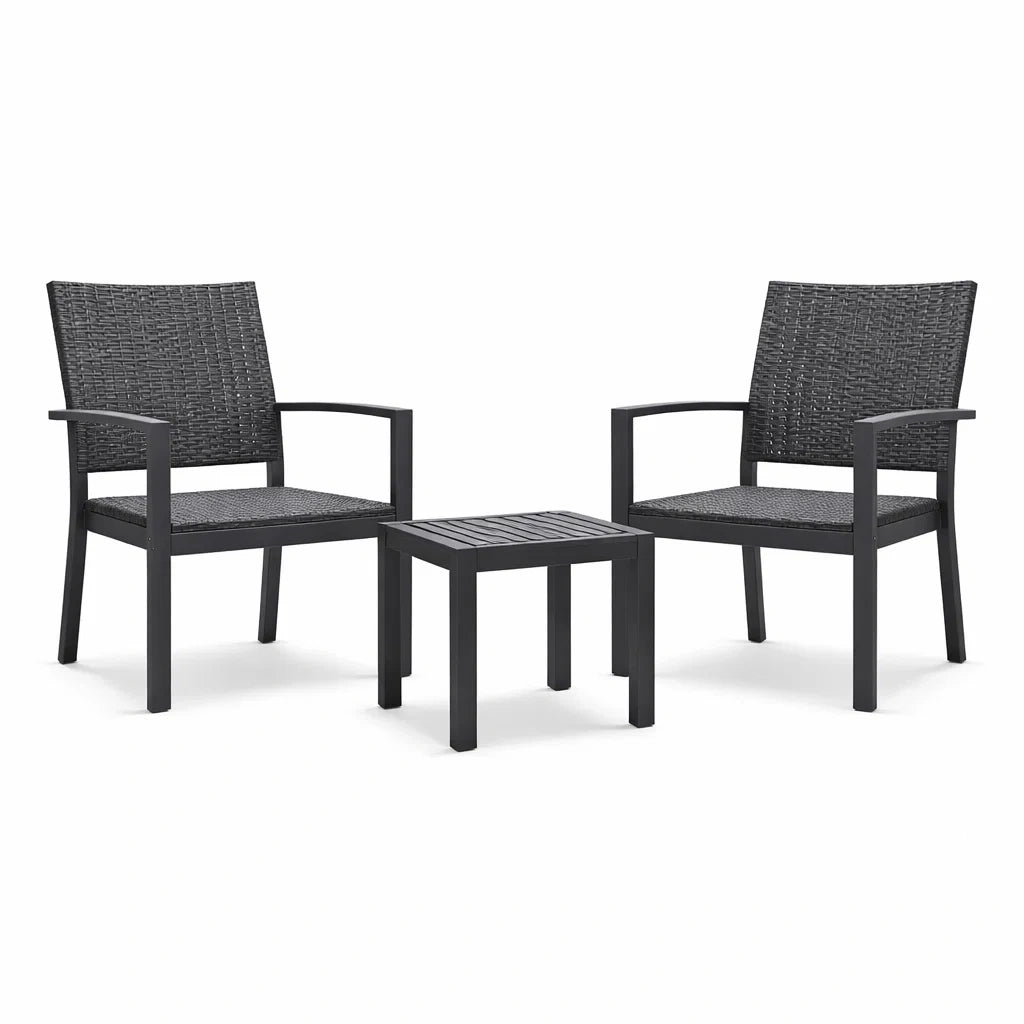 Set de 2 Fauteuils en Rotin Synthétique et Table en Aluminium Noirs
