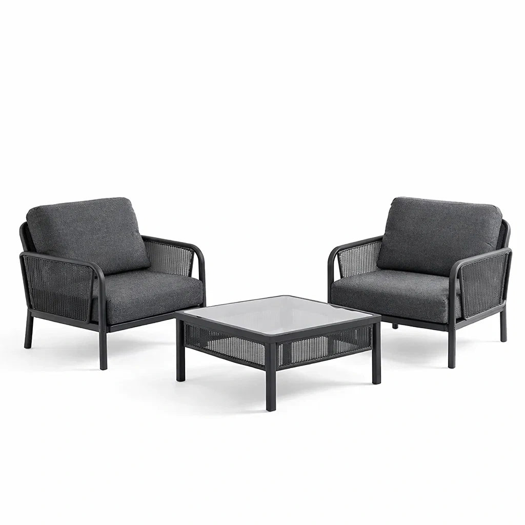 Ensemble de salon de jardin 3 pièces en aluminium avec coussins en tissu gris