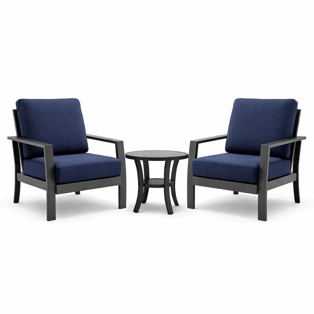 Ensemble de Fauteuils et Table en Aluminium avec Coussins en Tissu Bleu