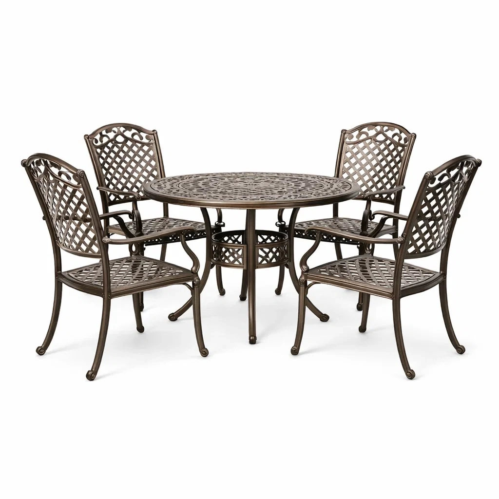 Ensemble de salle à manger extérieur en métal brun avec table ronde et 4 chaises