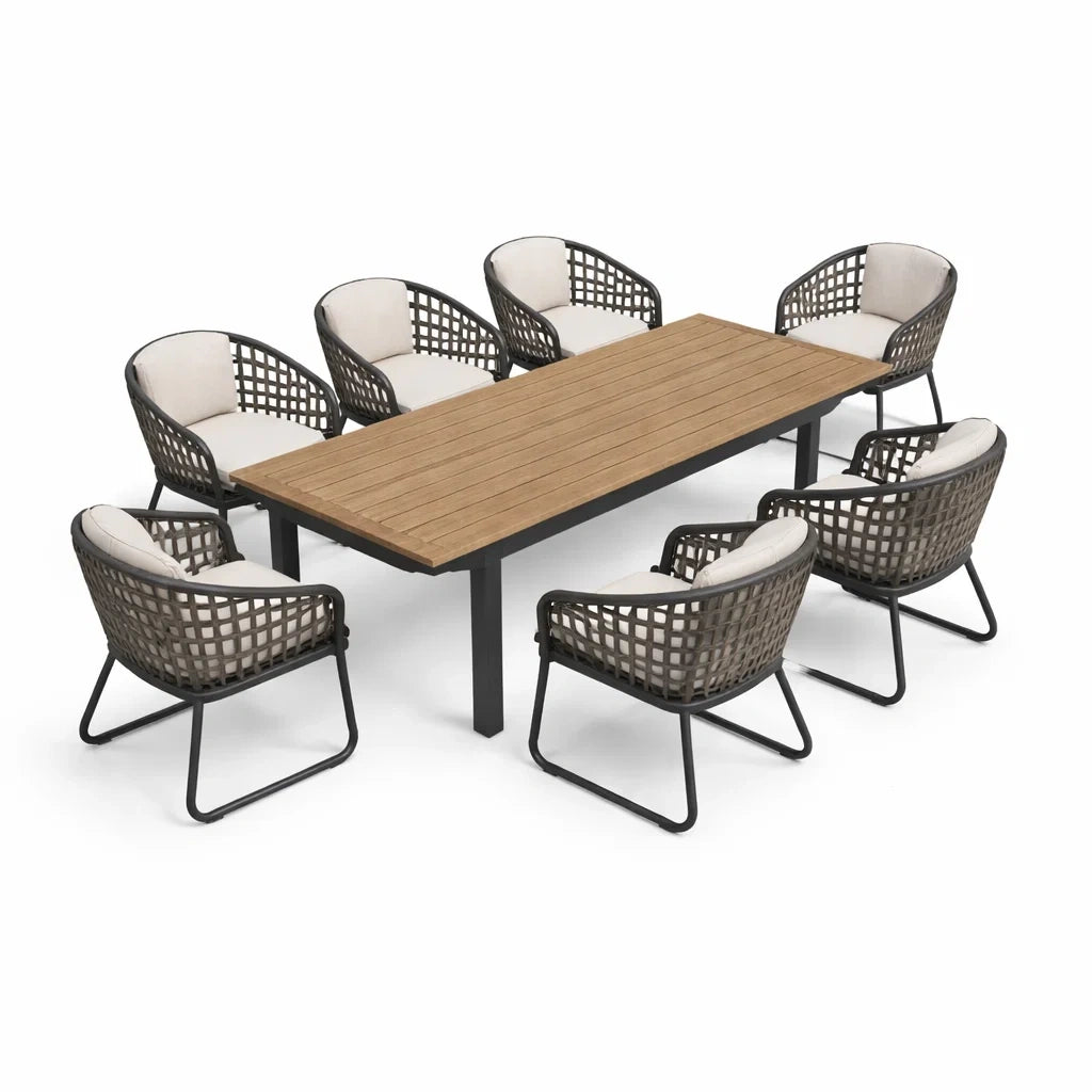Ensemble de Salle à Manger Extérieure en Bois et Aluminium avec 6 Chaises en Résine