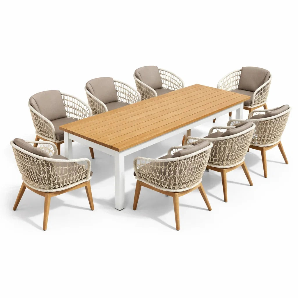 Ensemble de salle à manger en bois et aluminium avec coussins beiges
