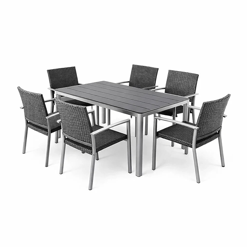 Table et 6 Chaises en Aluminium et Résine Tressée Gris