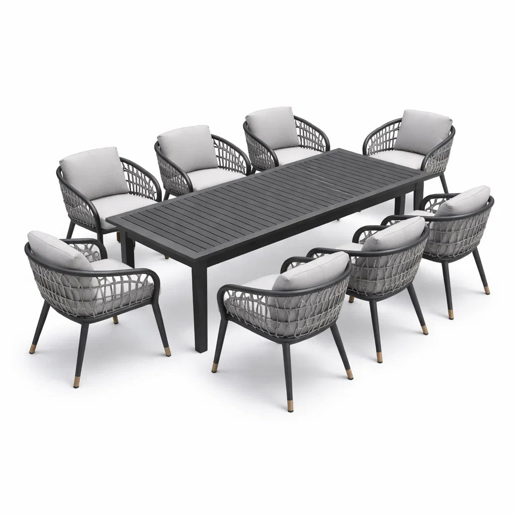 Ensemble de Salle à Manger Extérieur 9 Pièces en Aluminium et Polyéthylène Noir avec Coussins Gris