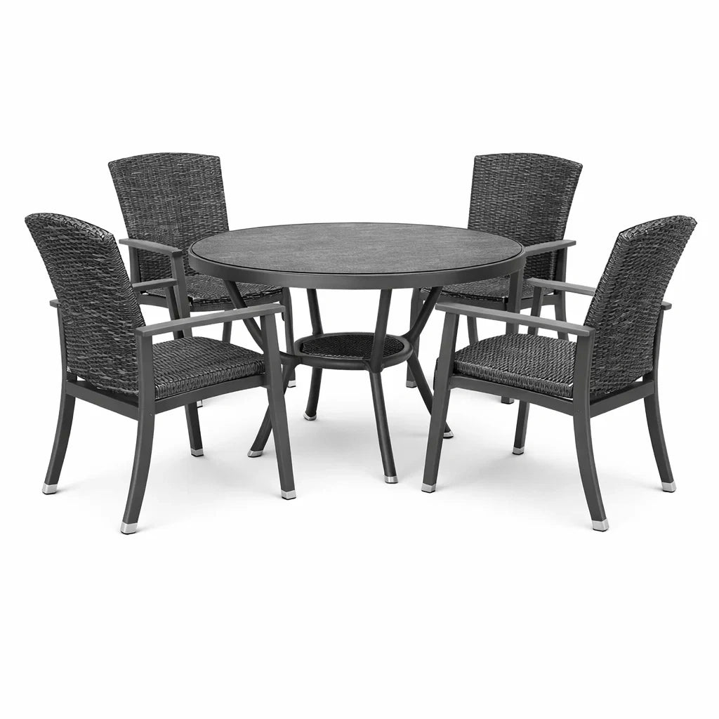 Ensemble de table ronde en aluminium avec 4 chaises en résine tressée