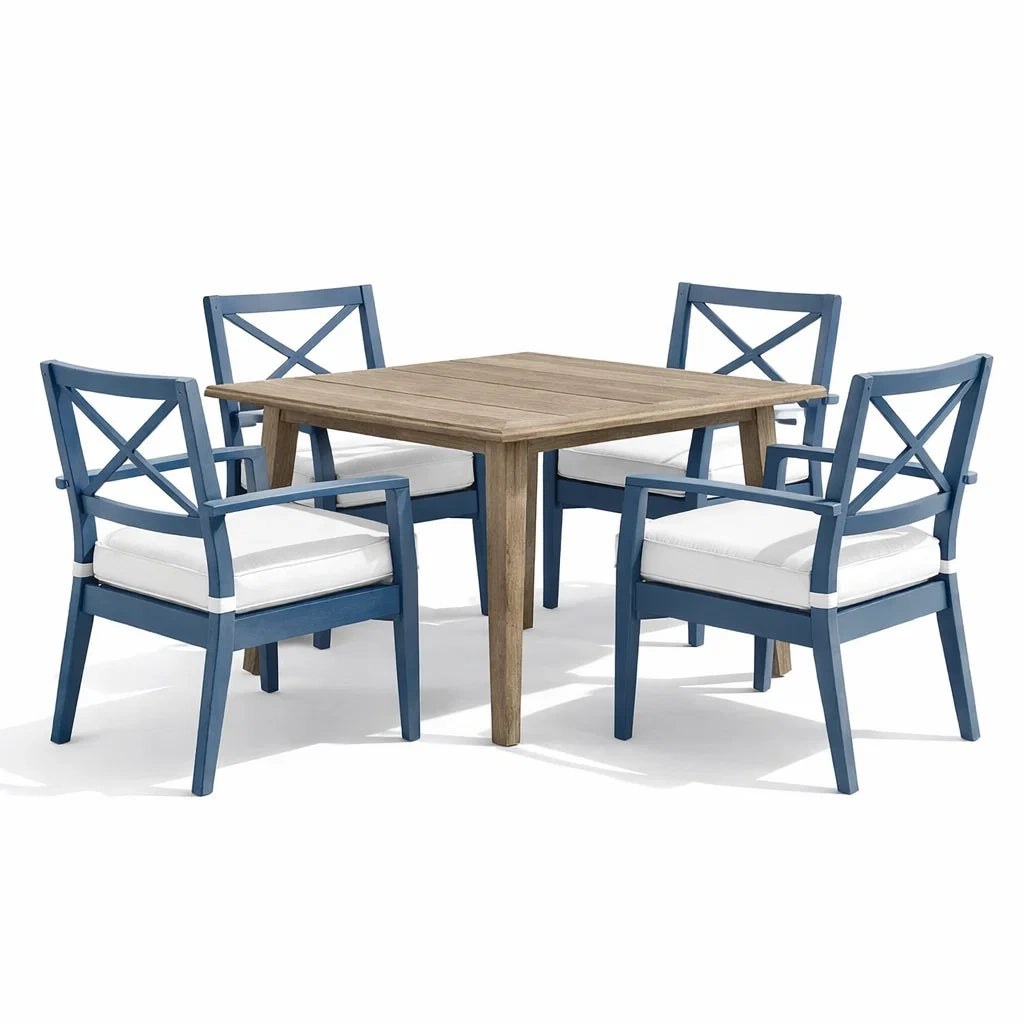 Ensemble de table et chaises en acacia et acier bleu, 5 pièces