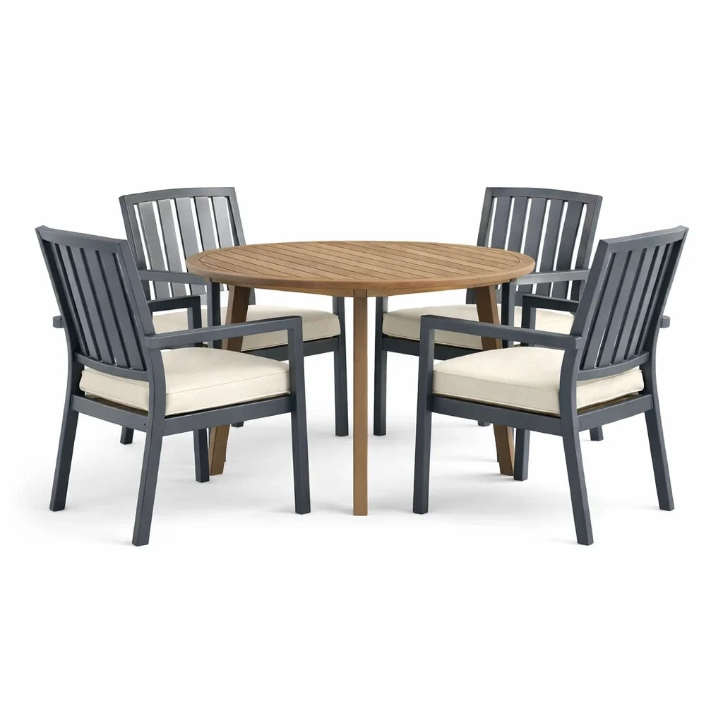 Ensemble de jardin en aluminium et bois avec table ronde et chaises à coussins
