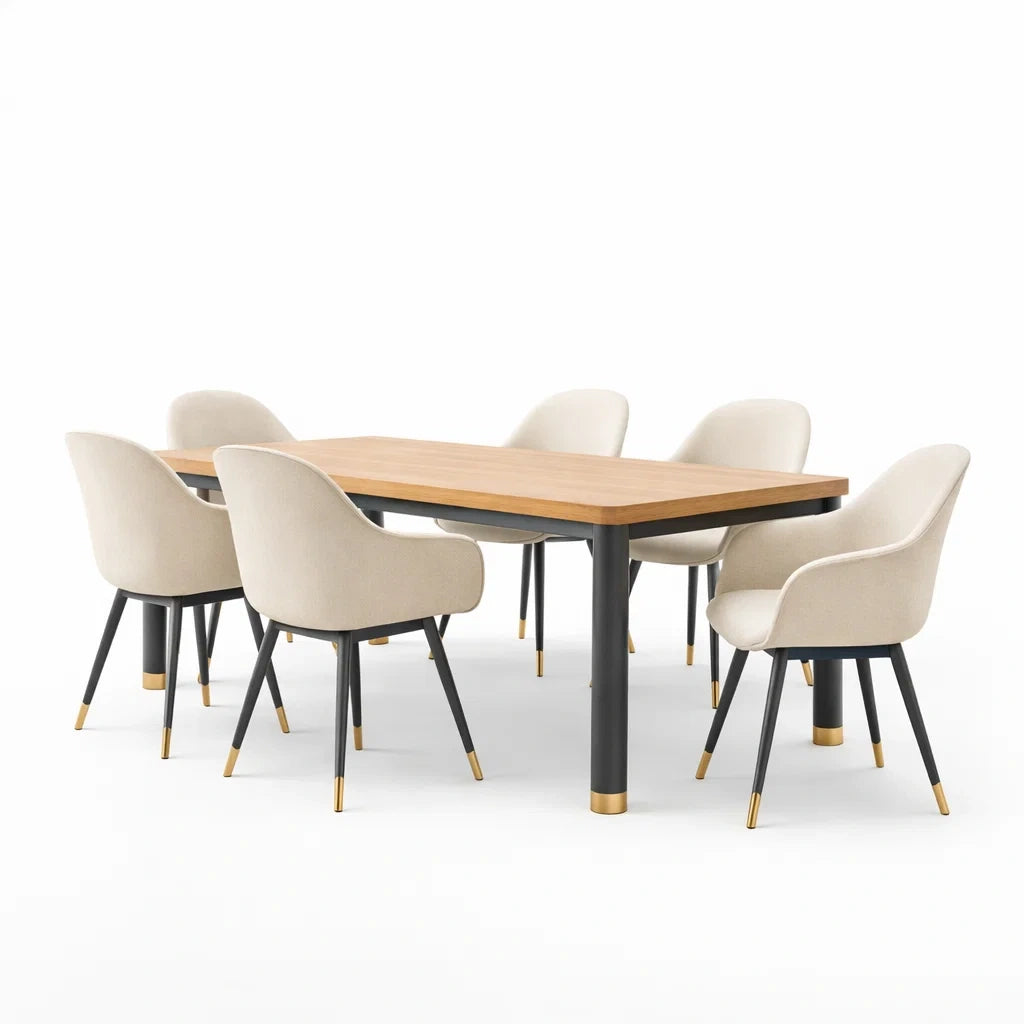 Table en bois avec 6 chaises en tissu polyester