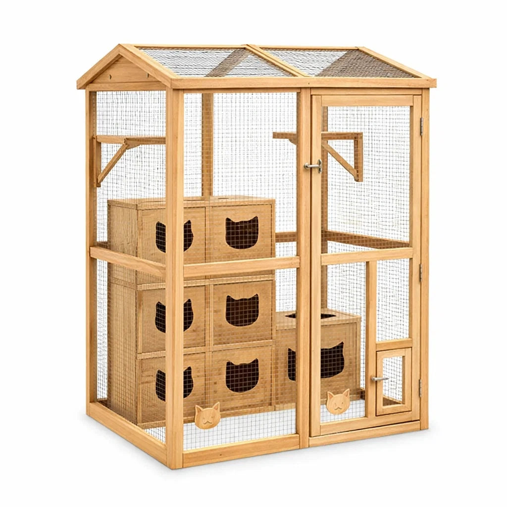 Enclos pour chats en bois de sapin avec grille métallique