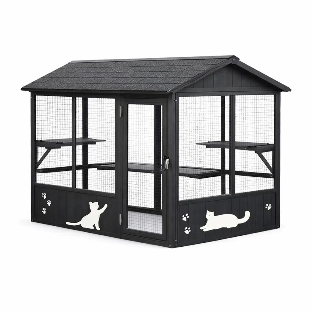 Enclos pour Chat en Bois et Métal Noir avec Étagères