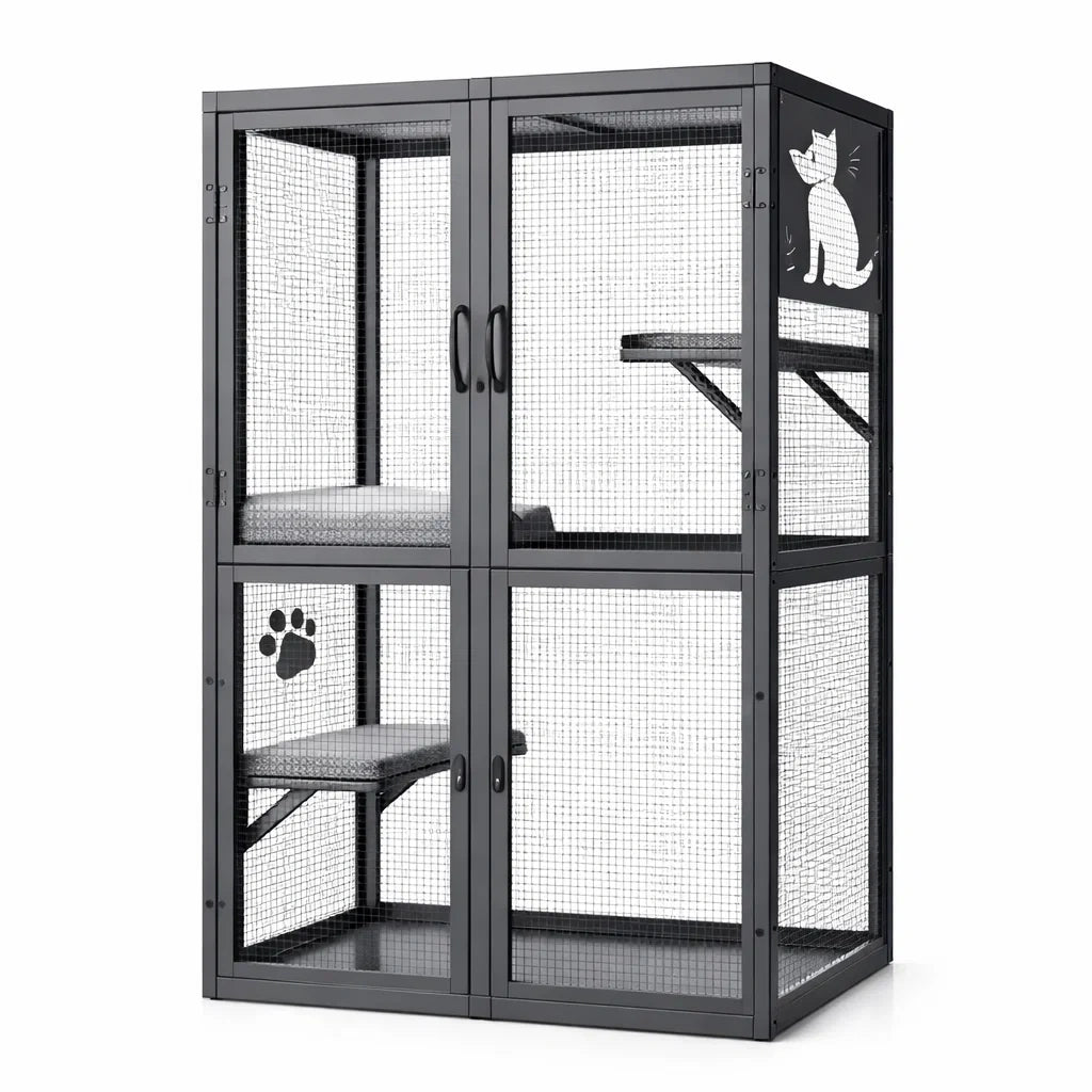 Cage en acier pour chats avec étagères et portes