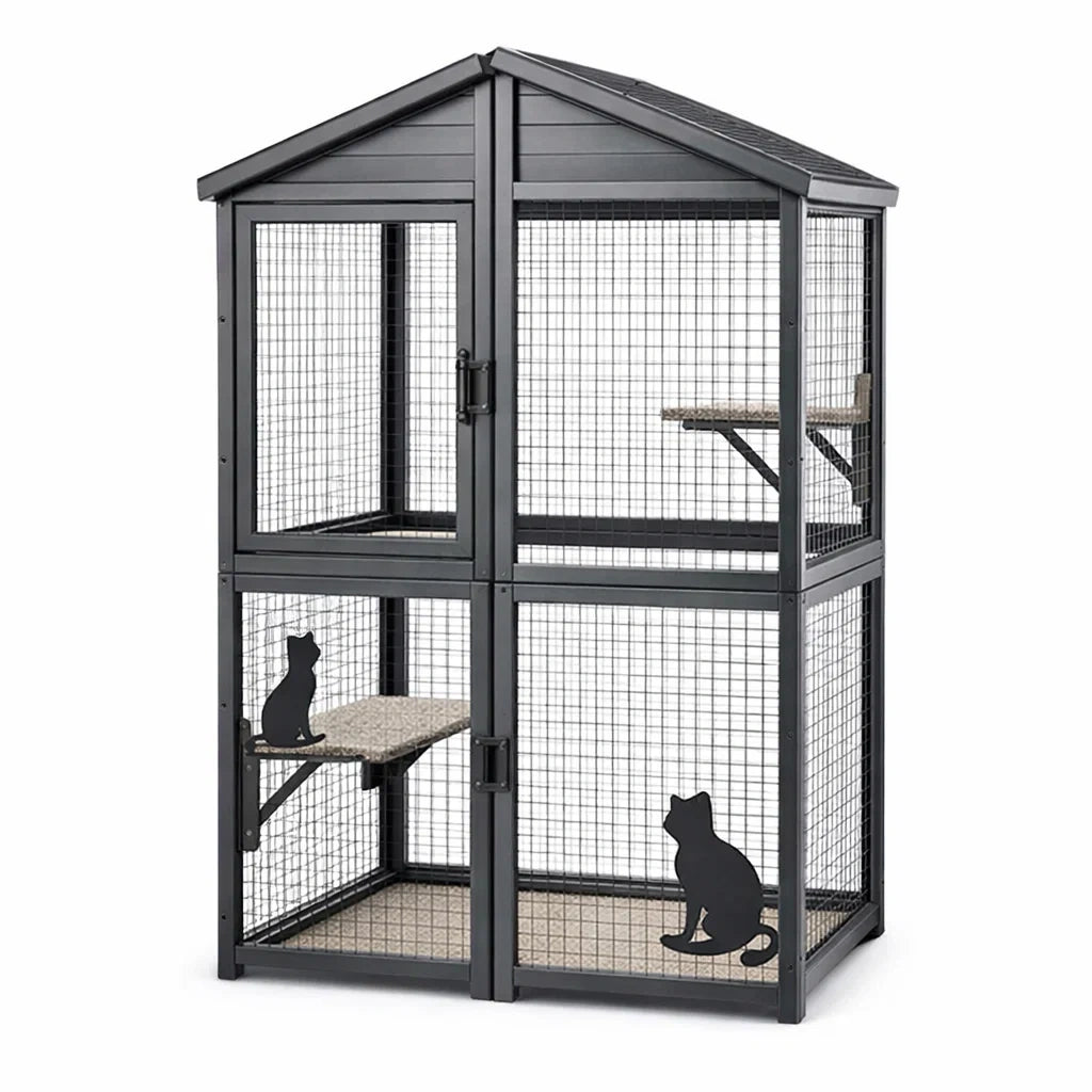 Enclos pour Chats en Acier Noir avec Plateformes 120x80x180 cm
