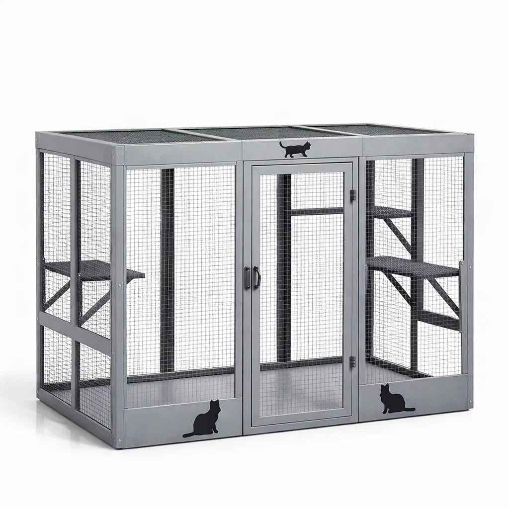 Enclos pour Chat en Métal Gris avec Étagères