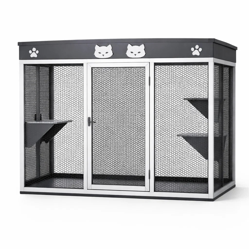 Enclos pour Chat en Métal Noir et Gris avec Tablettes