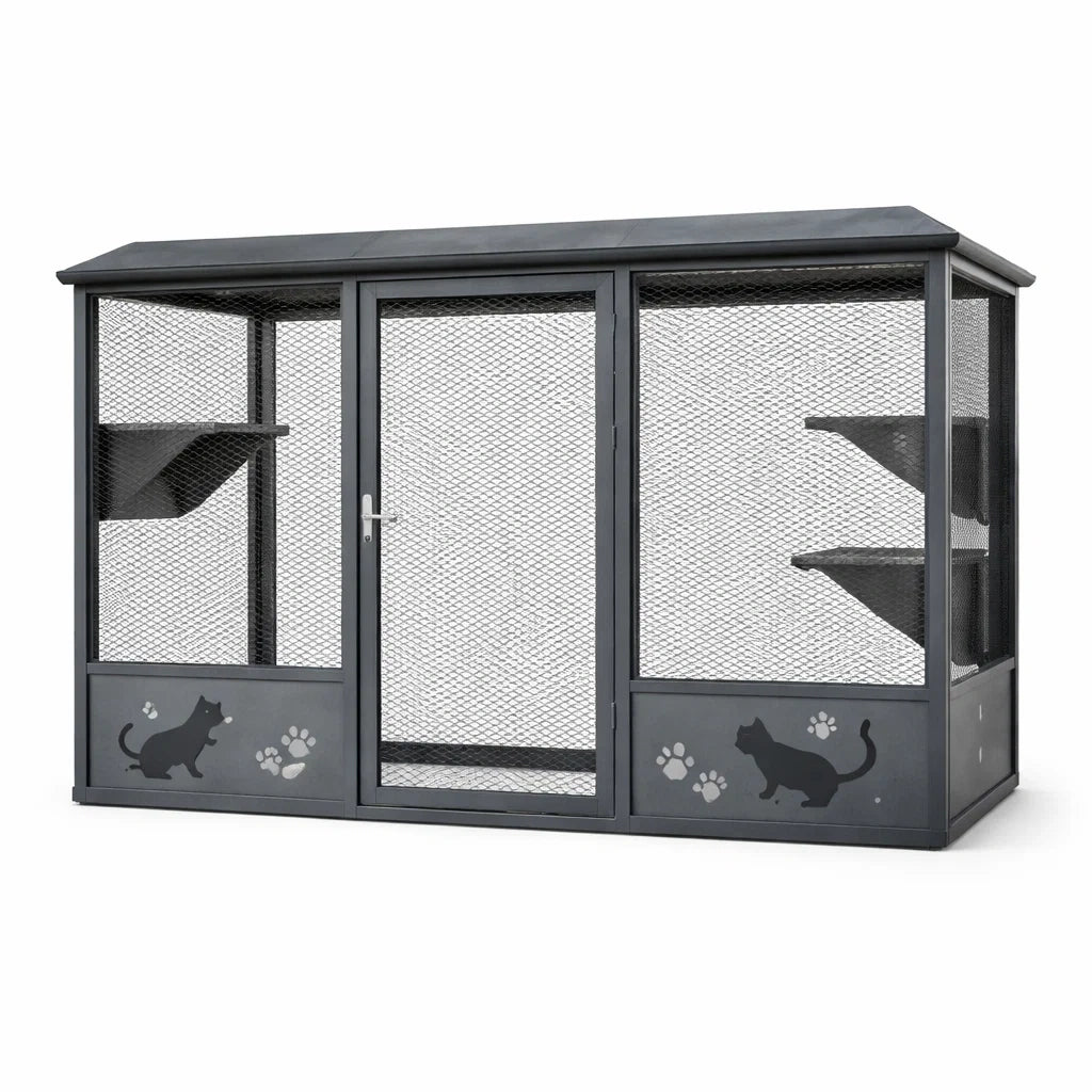 Enclos pour chats en métal galvanisé gris avec étagères 200x100x150 cm