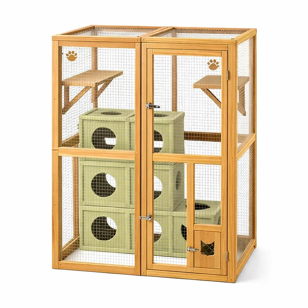 Enclos pour chats en bois avec grillage métallique