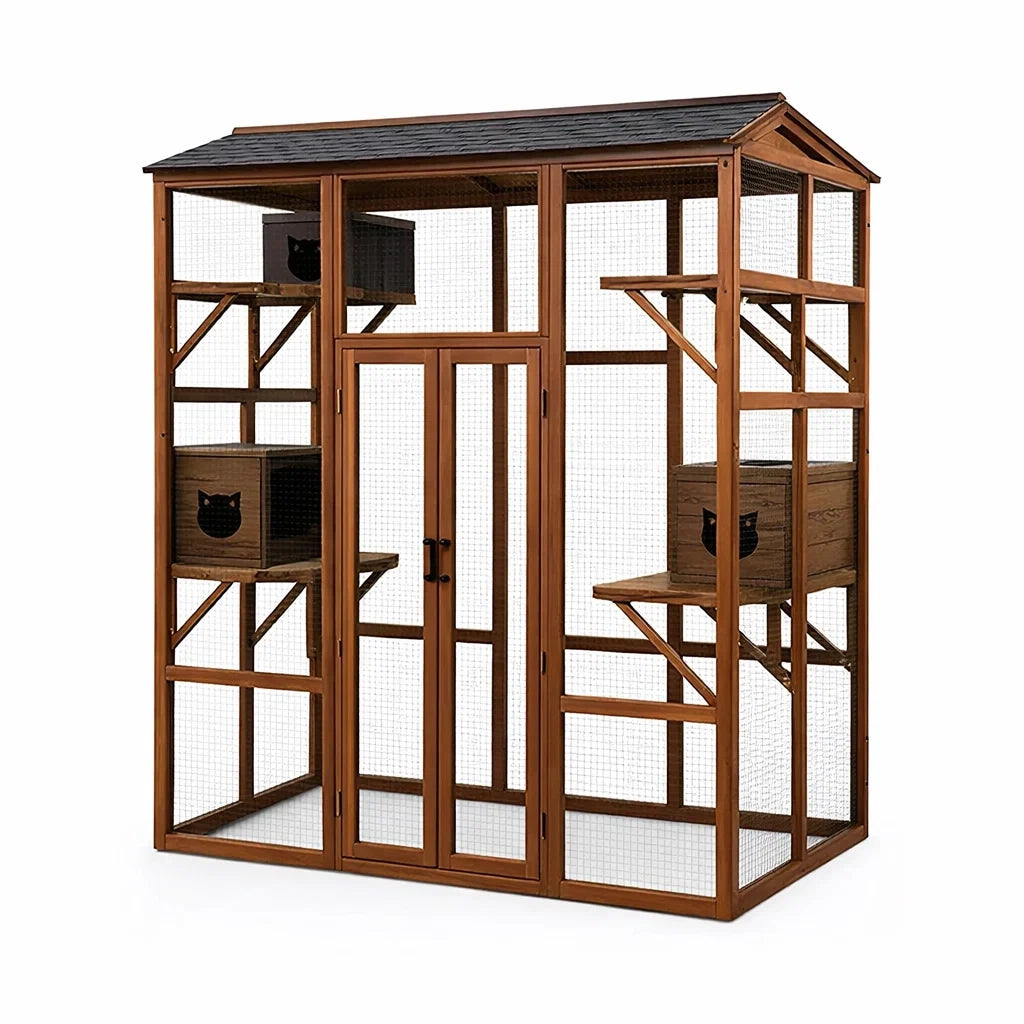 Enclos en bois pour chats avec toit et étagères