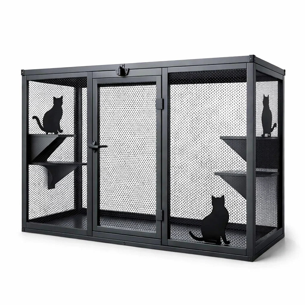 Enclos pour chat en métal noir avec étagères