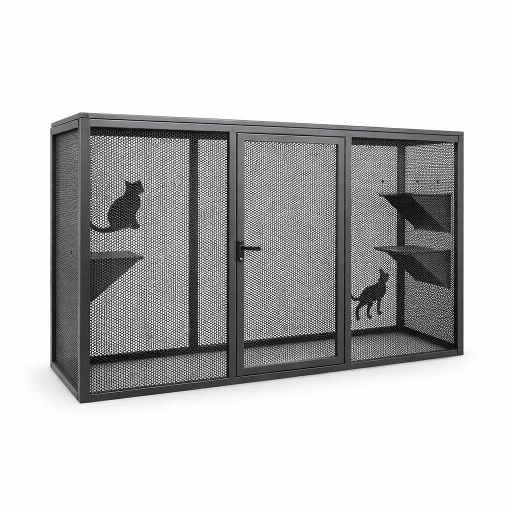 Enclos pour chats en acier noir avec plateformes