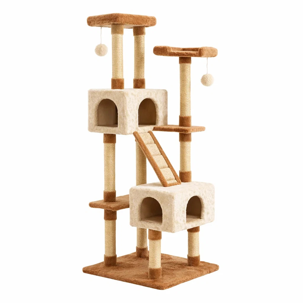 Arbre à chat en bois et peluche 145 cm Beige/Marron