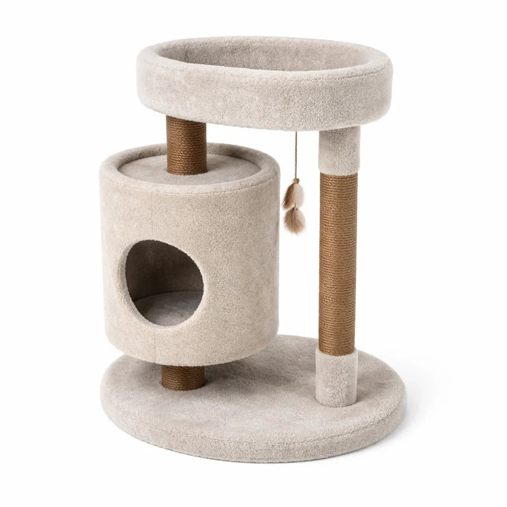 Arbre à chat en bois et peluche Gris avec griffoirs en sisal