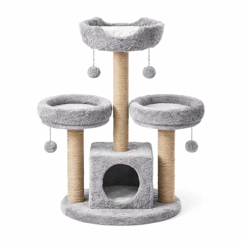 Arbre à chat en bois et peluche gris
