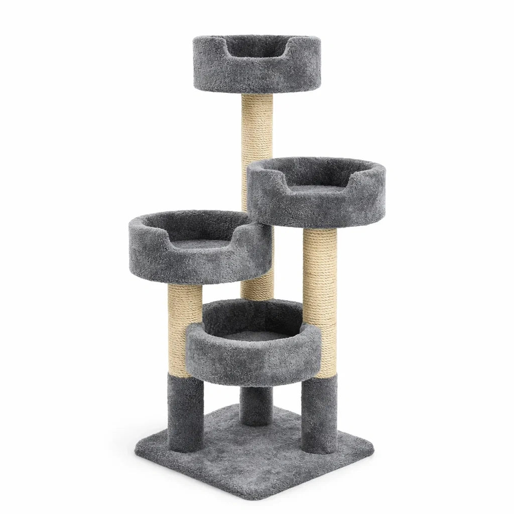 Arbre à chat en peluche et sisal gris avec trois plateformes