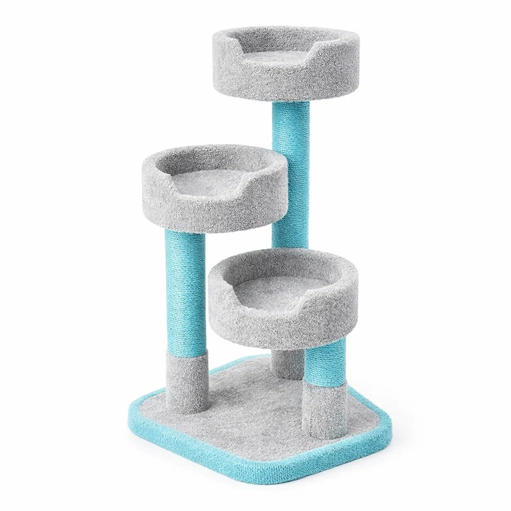 Arbre à chat en bois et tissu Gris/Bleu 3 niveaux