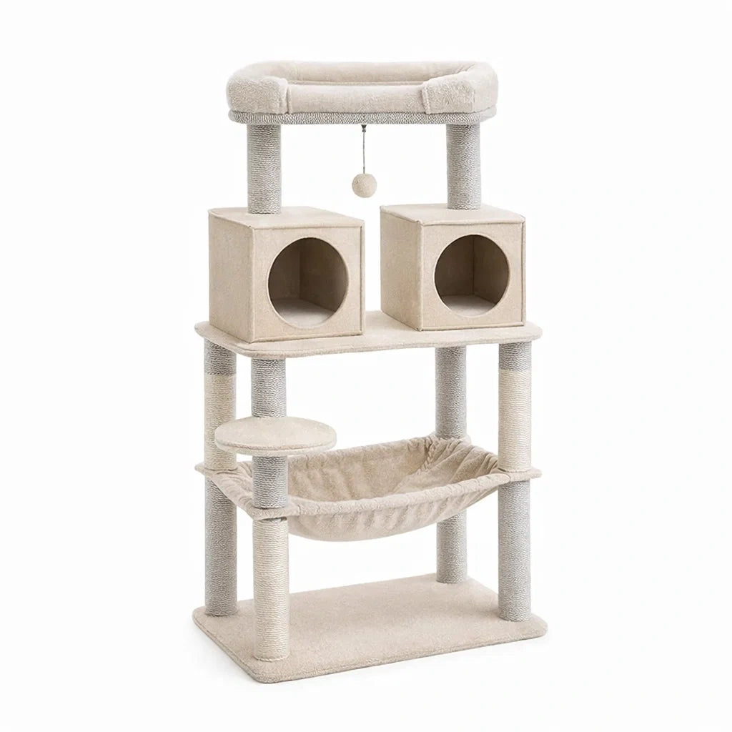 Arbre à chat en bois et sisal Beige avec plateformes et niches 120 cm