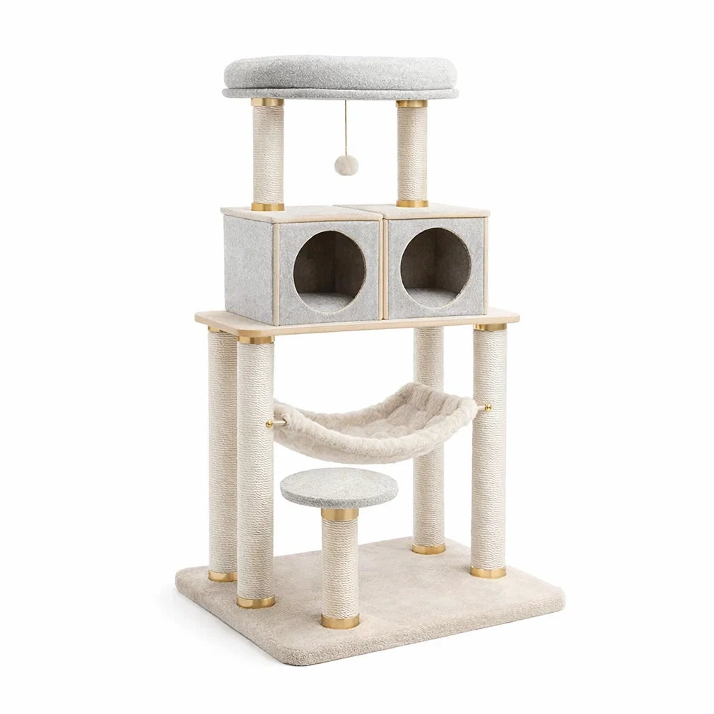Arbre à chat en bois avec niches et hamac en polyester Gris Clair/Beige