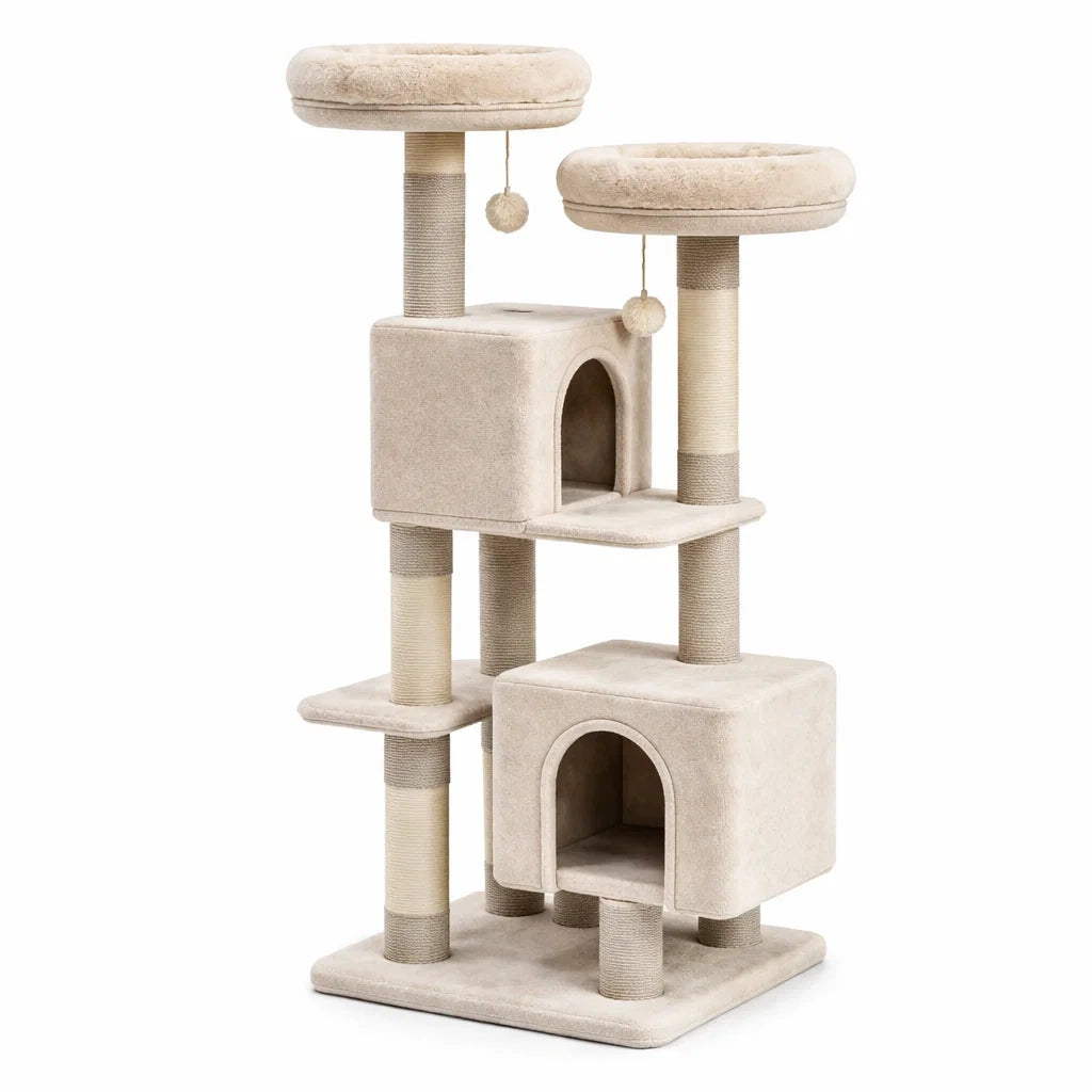 Arbre à chat en bois et sisal beige avec niches et plateformes