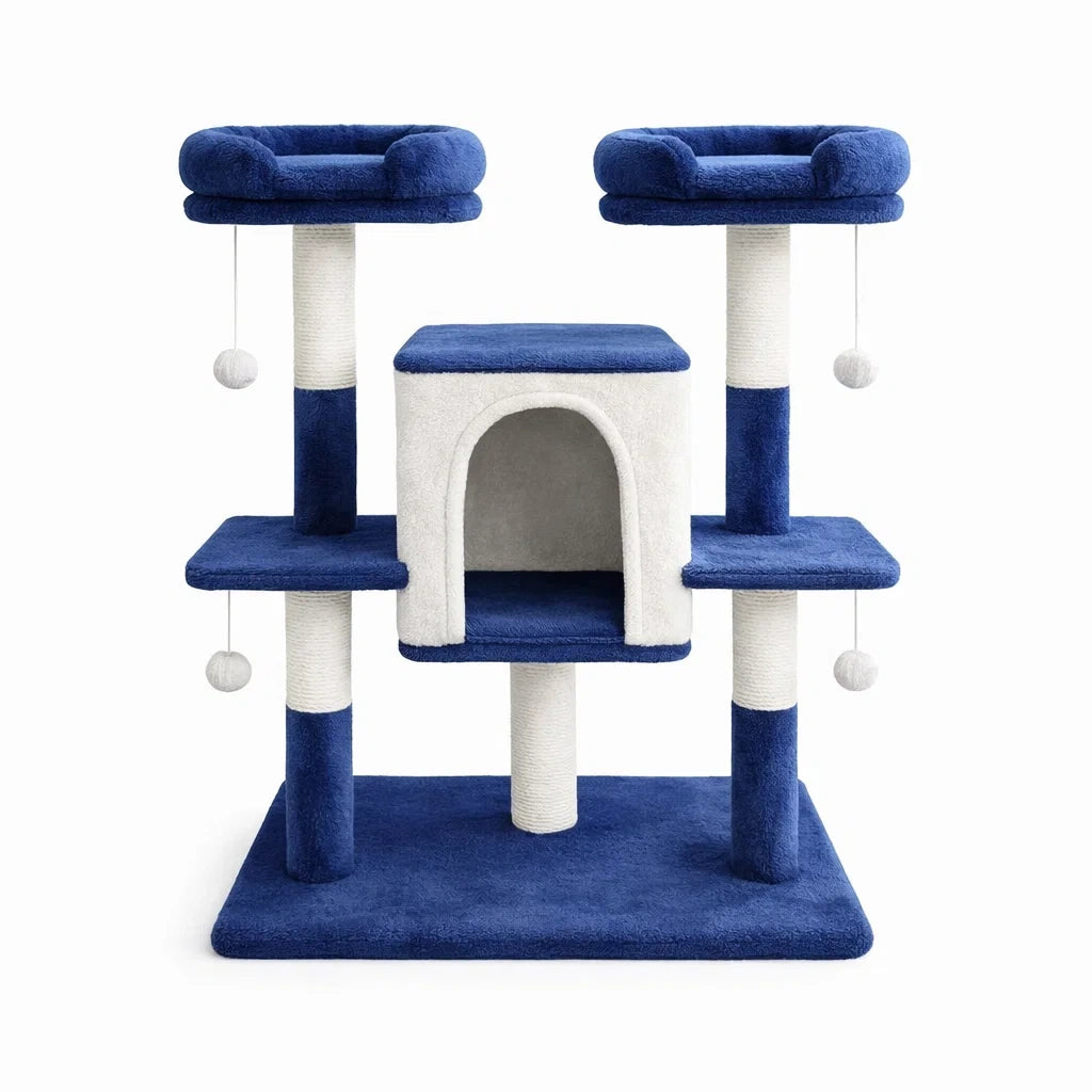 Arbre à chat en peluche bleu et blanc avec griffoirs
