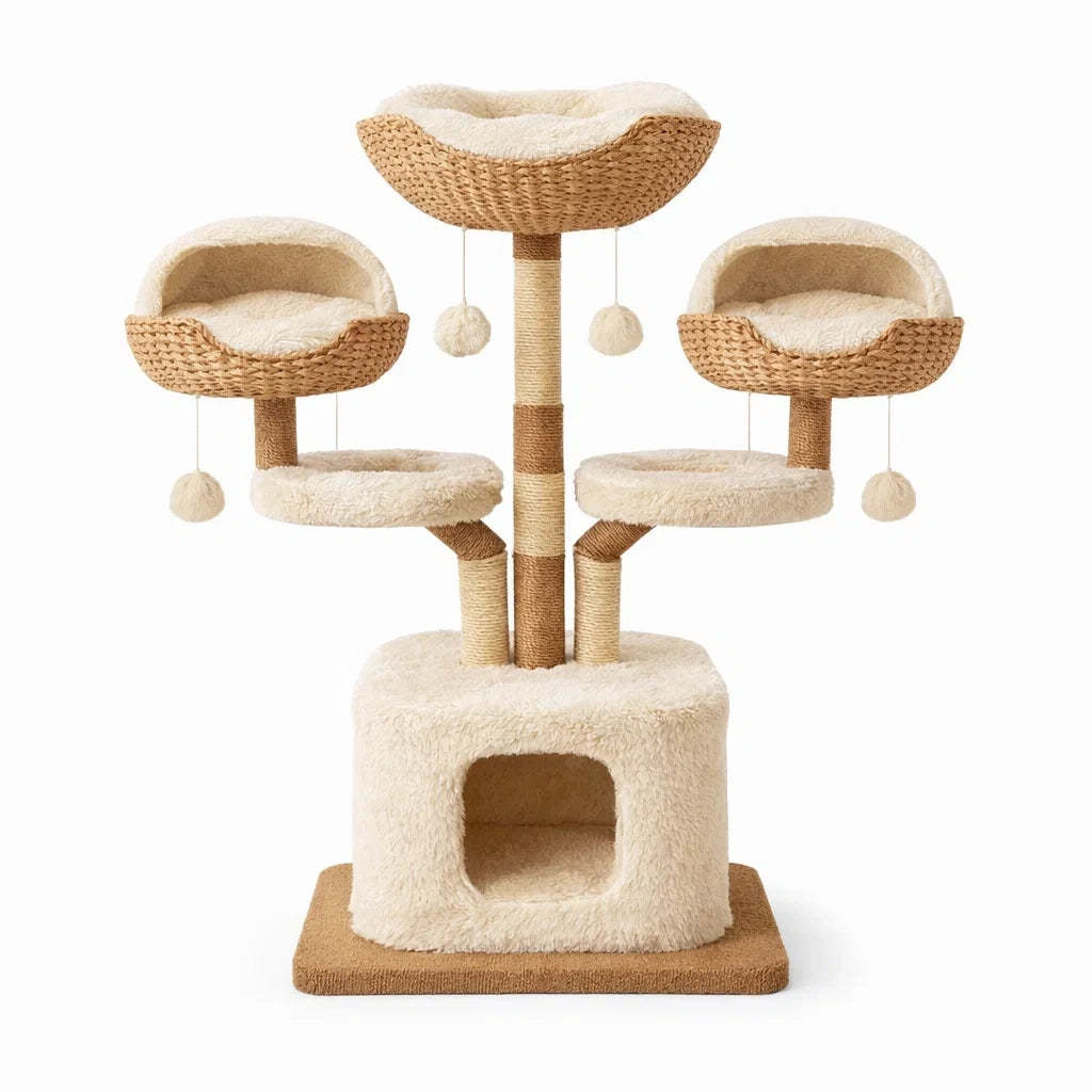 Arbre à Chat en Corde Sisal et Peluche Beige avec Nichoirs