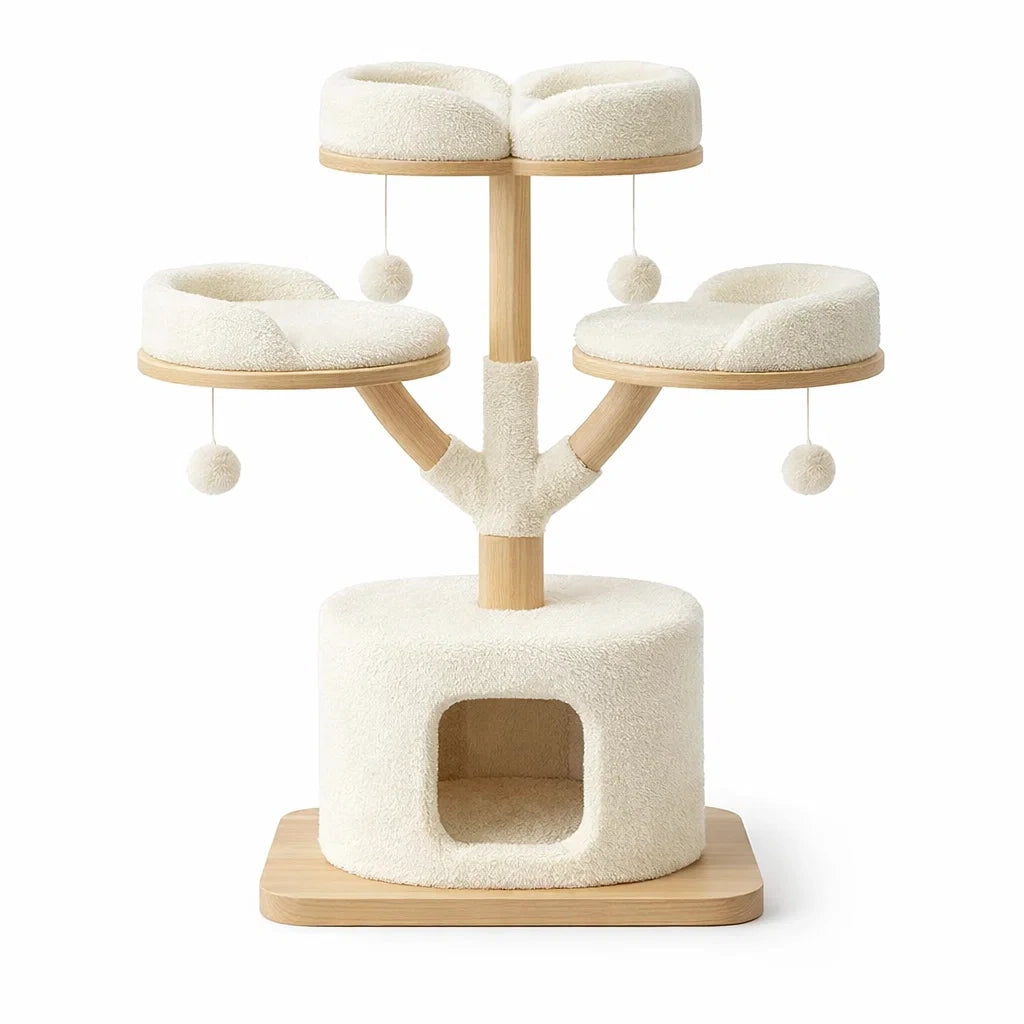 Arbre à chat en bois et tissu en peluche beige, 3 niveaux