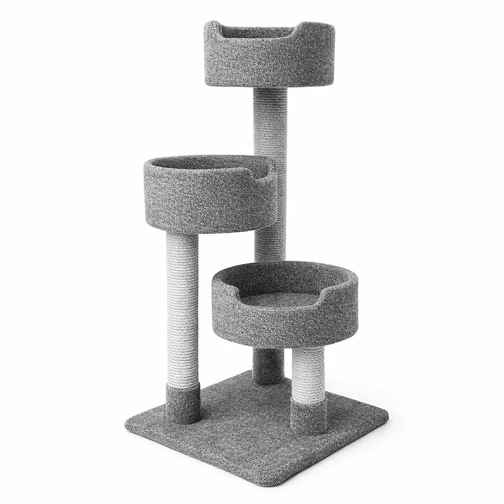 Arbre à chat en bois avec tissu polyester gris 3 niveaux