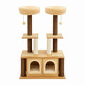 Arbre à chat en bois avec poteaux en sisal et coussins en peluche, Beige et Marron