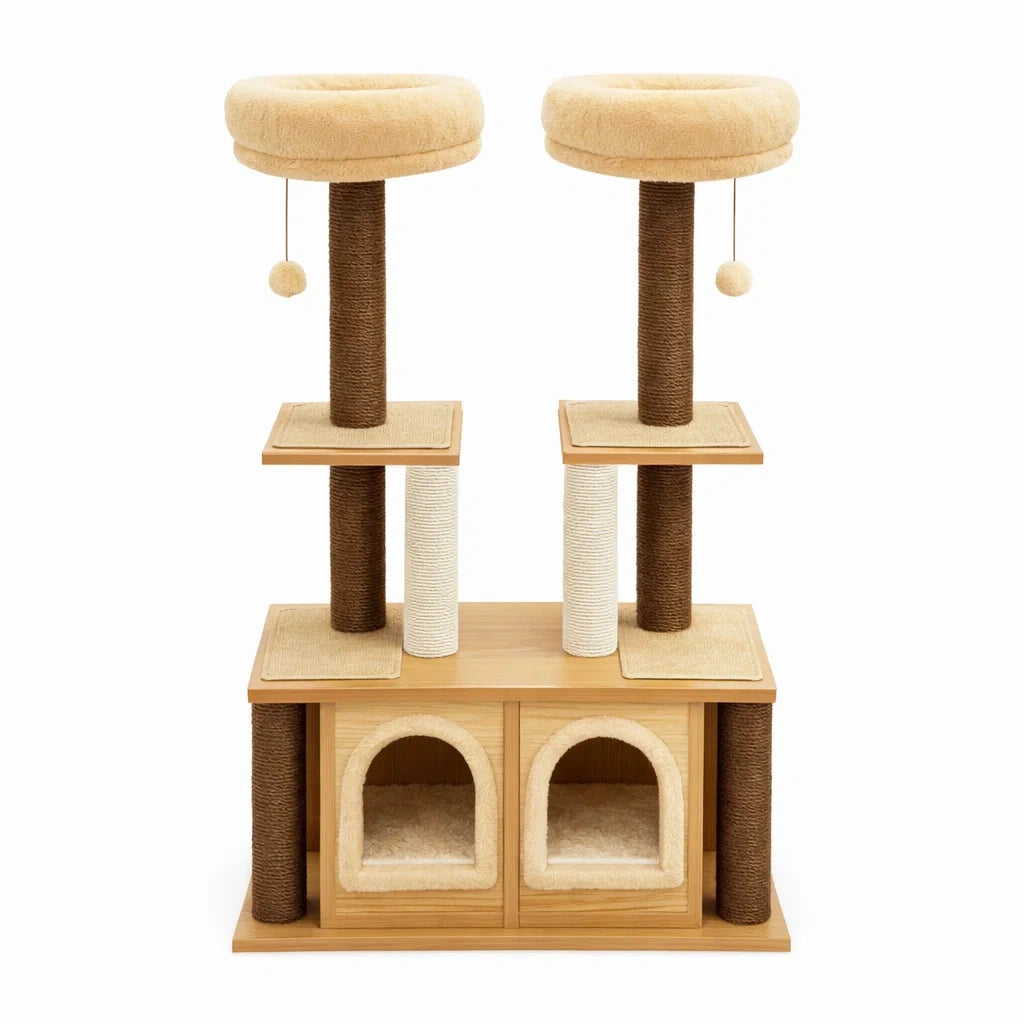 Arbre à chat en bois avec poteaux en sisal et coussins en peluche, Beige et Marron