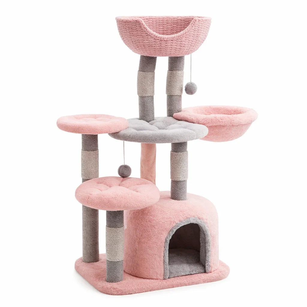 Arbre à chat en bois avec plateformes en peluche Rose/Gris 120 cm