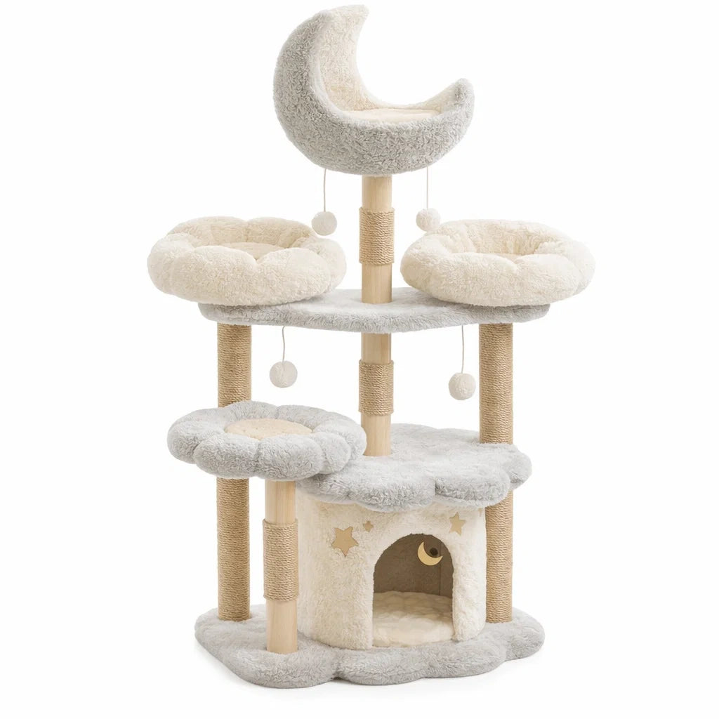 Arbre à chat en peluche avec plateformes en Beige et Gris
