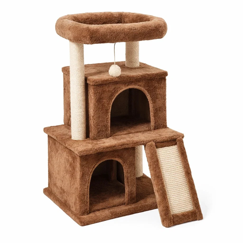 Arbre à Chat en Bois et Peluche Marron