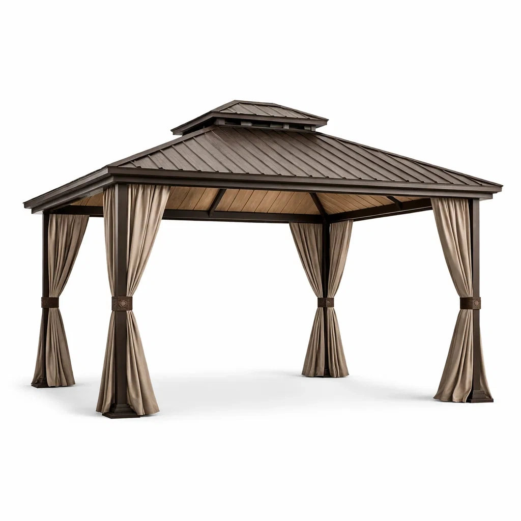 Tonnelle de jardin en aluminium avec rideaux en polyester et toit en acier