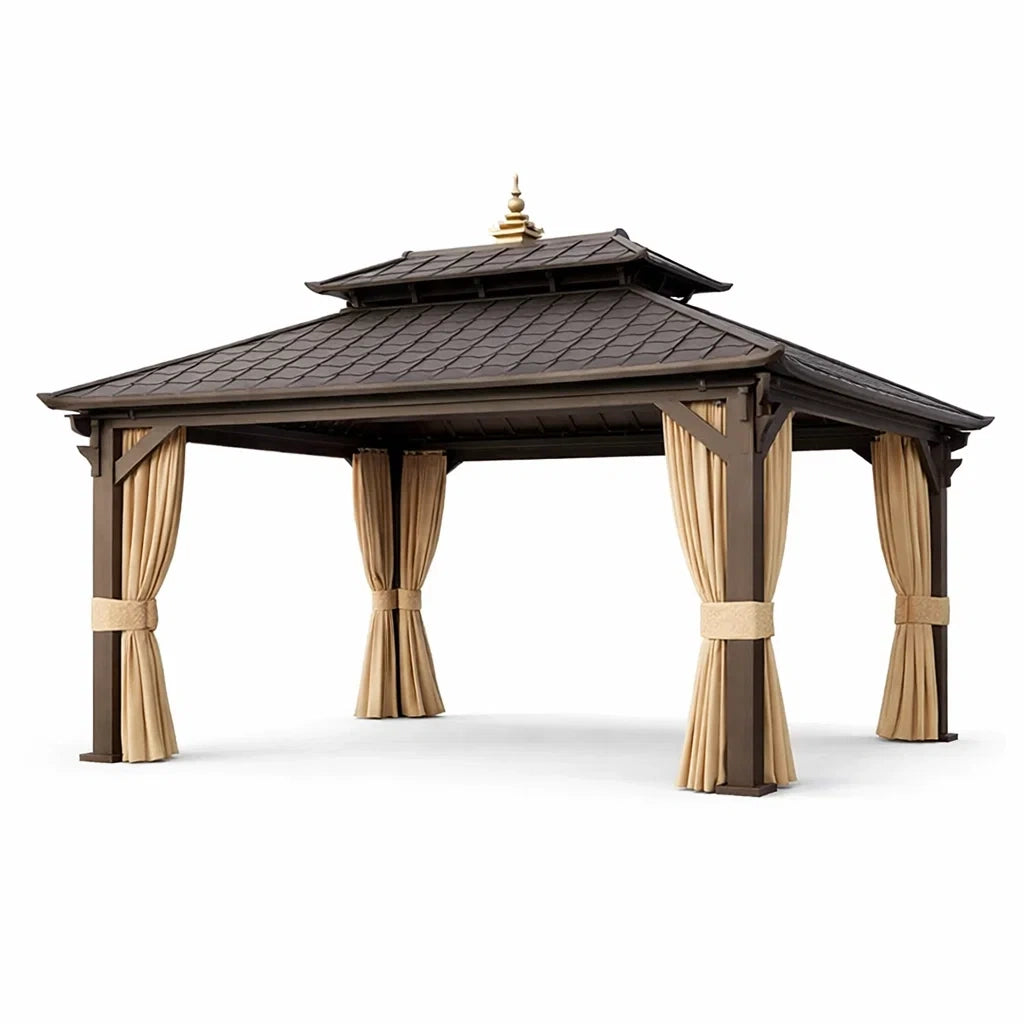 Pavillon de jardin en aluminium avec rideaux polyester beige
