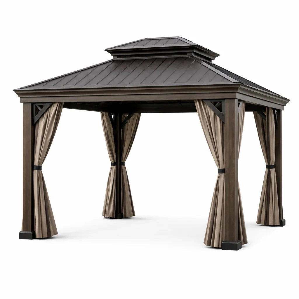 Pavillon de Jardin en Aluminium avec Toit en Acier et Rideaux en Polyester 3x4m