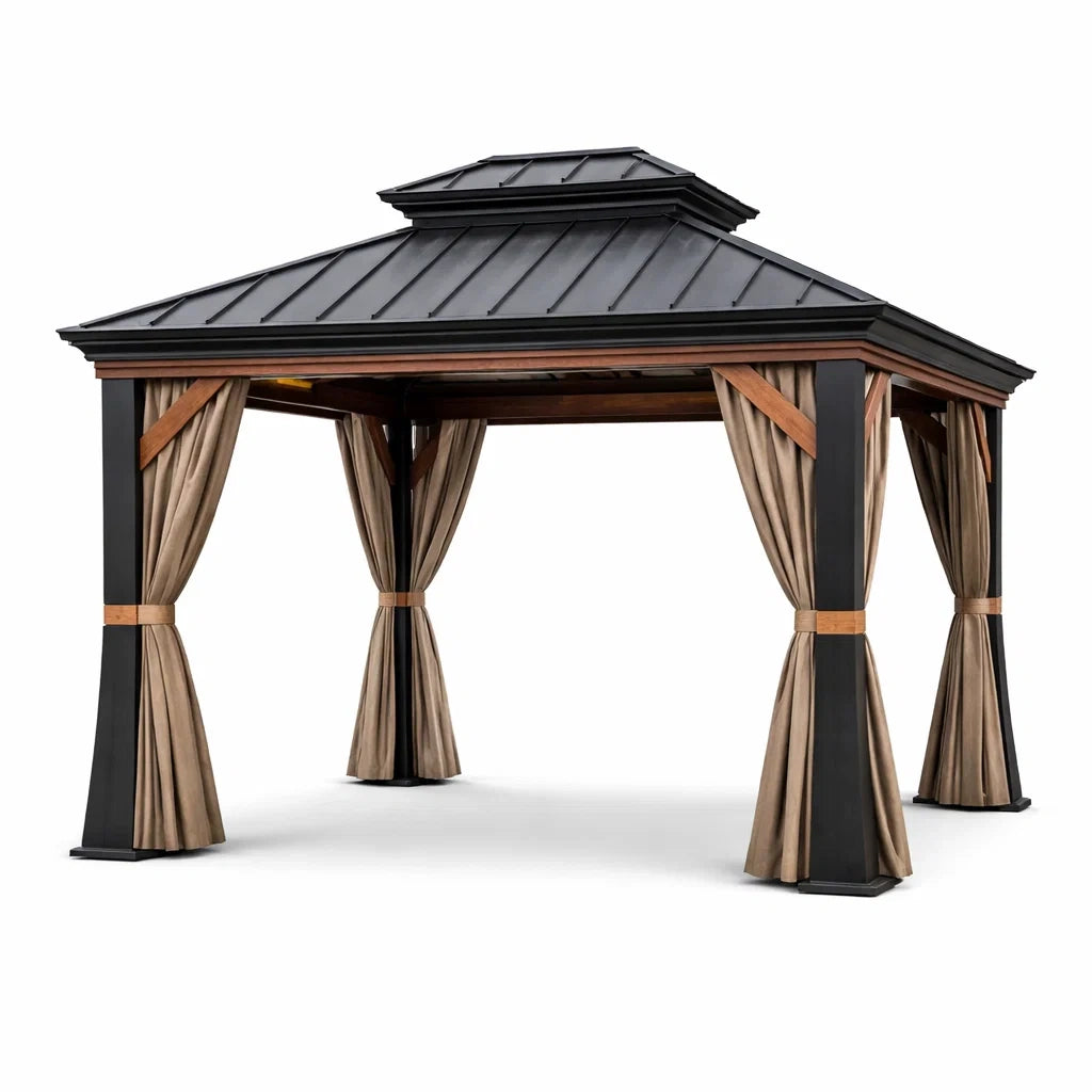 Pavillon de jardin en aluminium et acier avec rideaux en polyester 3x3m